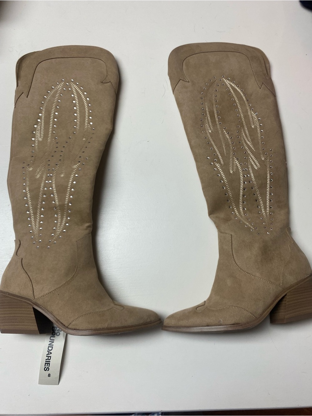No Boundaries Tan Over-the-Knee Suede Boots with Stud Embellishment